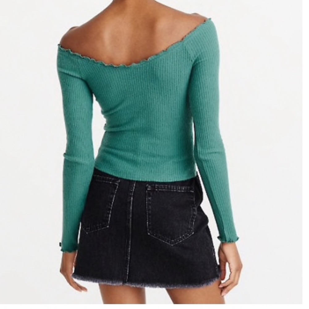 Abercrombie & Fitch Womens Off The Shoulder Ribbed Top Teal Green Lettuce Edge M - Picture 2 of 6